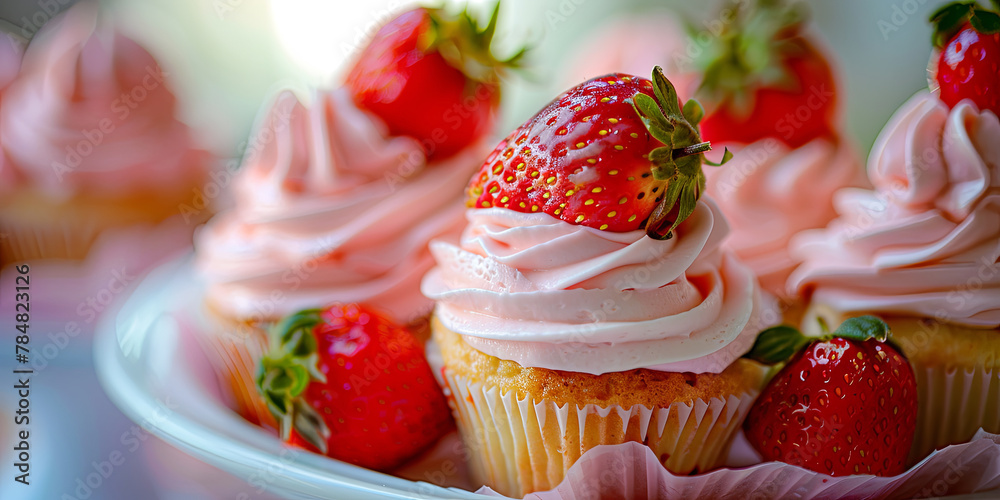 pink cupcake with strawberry cream and fresh strawberries on top, generative AI