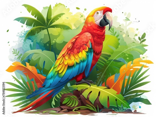 Vibrant illustration of a red macaw parrot with vivid blue and yellow feathers, perched in a dense, green jungle full of tropical foliage.