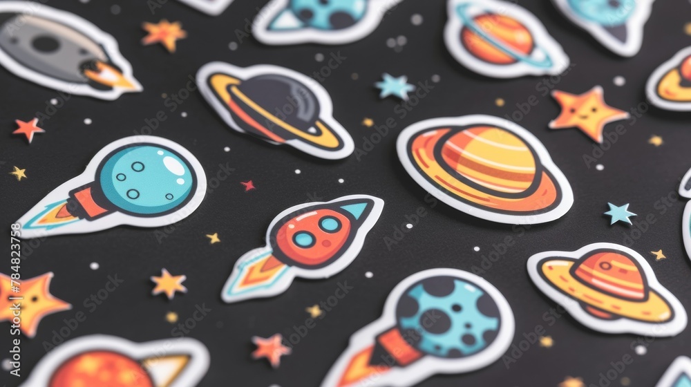 Blank mockup of spacethemed stickers. .