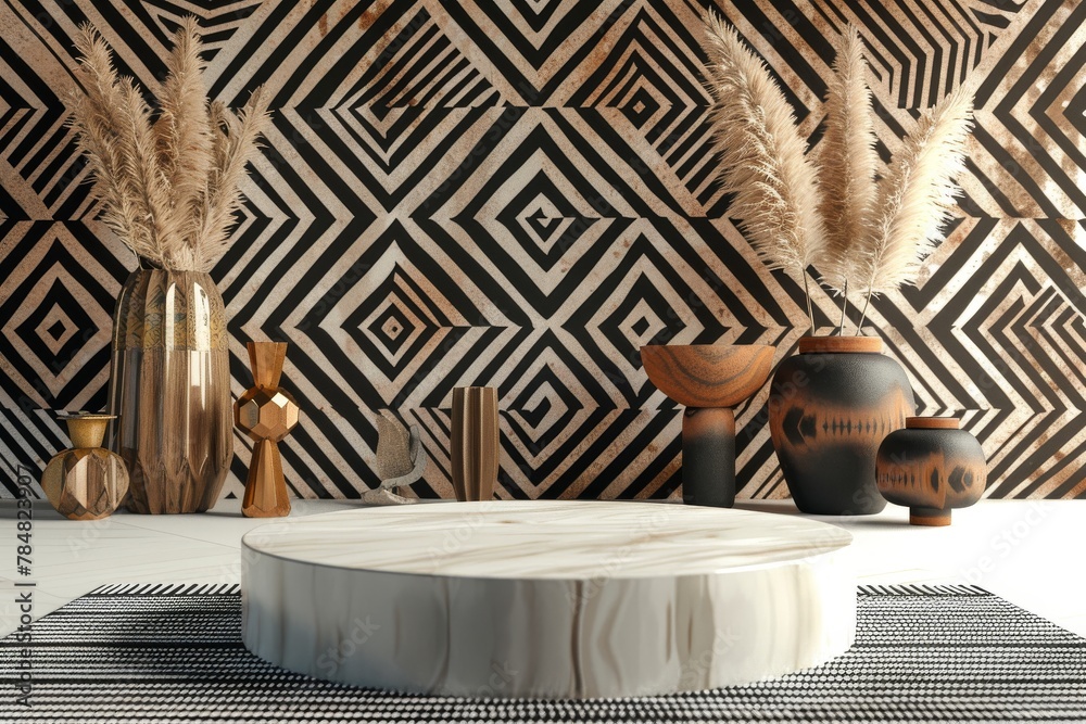 Obraz premium Modern Living Room With Black and White Wallpaper and Vases