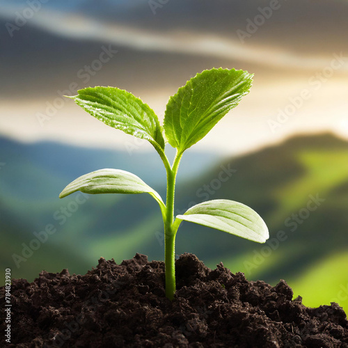 Young plants grow through fertile soil or black soil photo