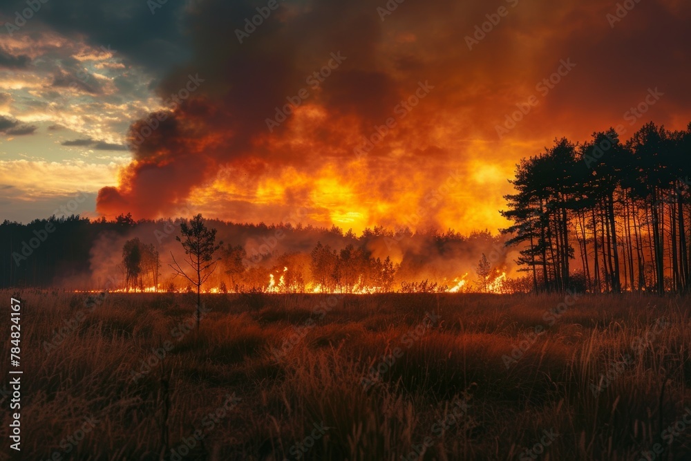 A forest fire is burning in the distance, with smoke A forest fire is burning in the distance, with smoke