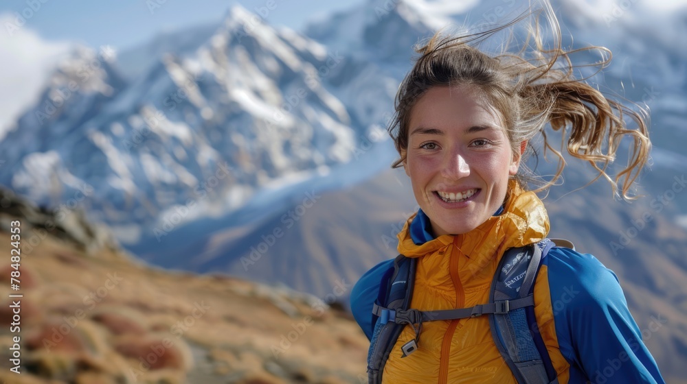 Naklejka premium A woman trail runner run for exercise at mountain range.
