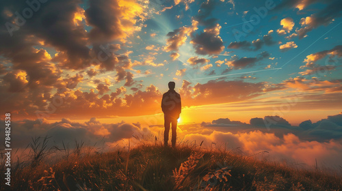 A man stands on a hilltop, looking out at the sunset