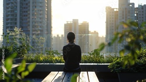 In the background a collection of high rise buildings looms over the peaceful rooftop garden. A person with back to the camera . . © Justlight