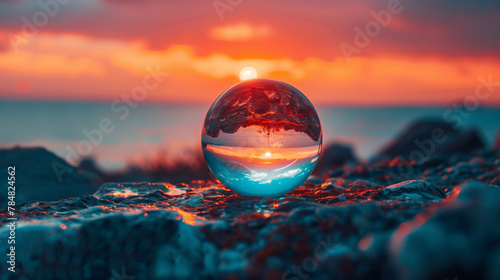 A glass ball is sitting on a rock by the ocean