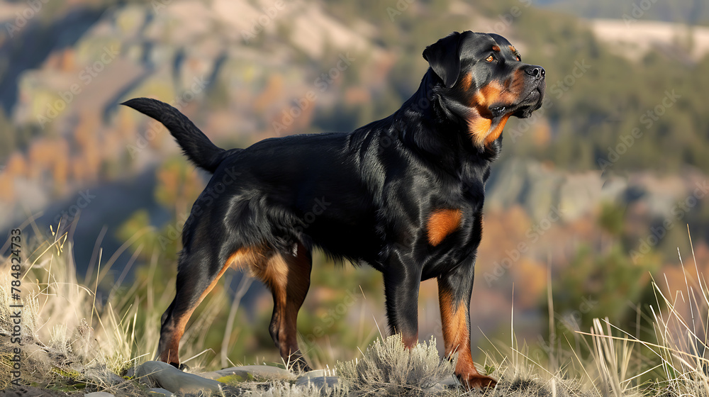 An imposing Rottweiler, with a strong and muscular build, standing proudly in a regal pose against a backdrop of rugged terrain.