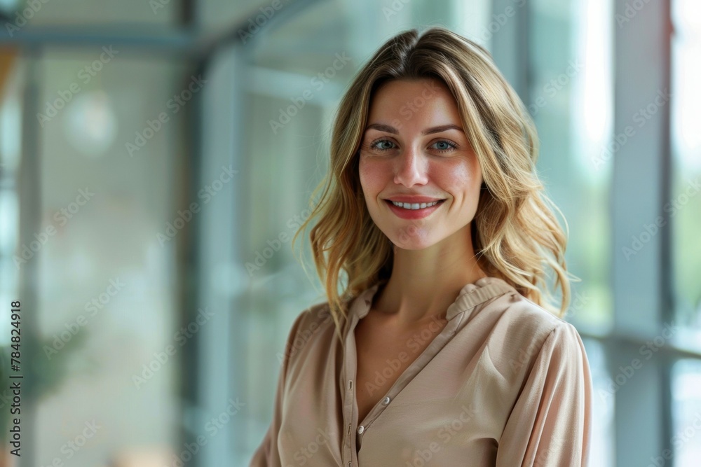 A woman with blonde hair and a smile is standing in front of a window A woman with blonde hair and a smile is standing in front of a window