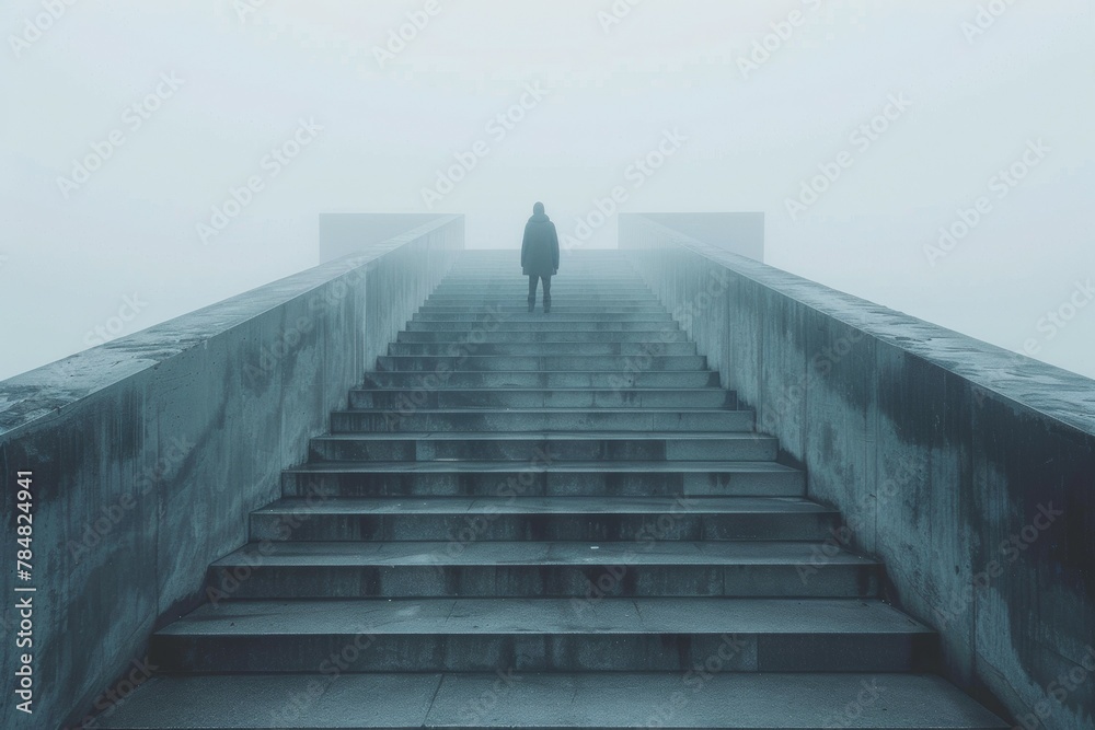 A person is walking up a set of stairs in the rain. Business concept, background