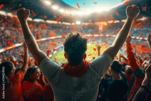 A man is standing in a stadium with a red scarf around his neck. Football fans support the team photo