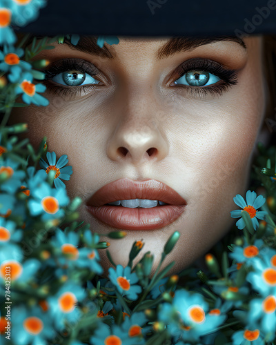 a close up of a woman s face surrounded by flowers