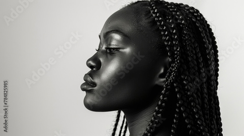 A regal black woman stands tall and proud in this monochrome portrait. Her braided hair cascades down her back in a striking contrast against her pale skin. The delicate lines of her .