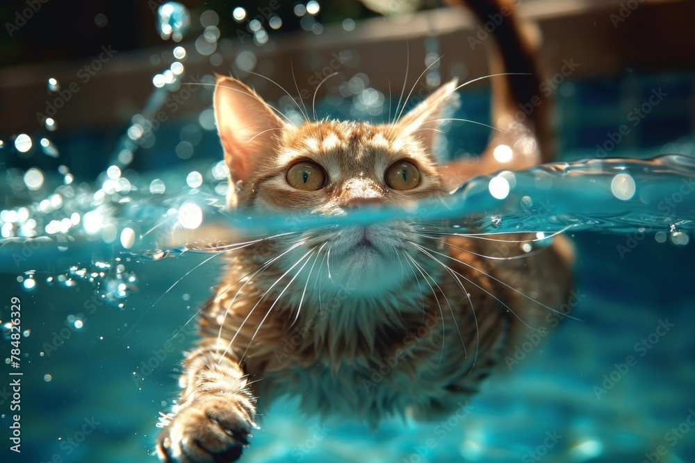 A cat is swimming in a pool of water. Summer heat concept, backdrop