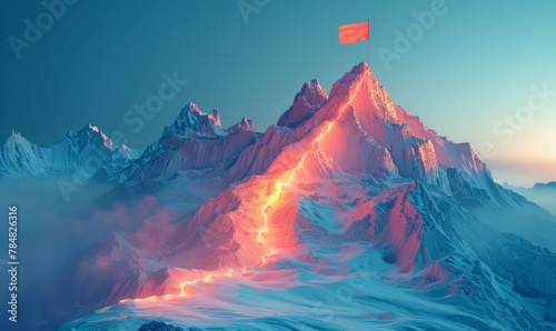 A mountain range with a red flag on top