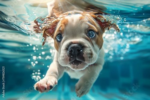 A small dog is swimming in a pool. Summer heat concept, backdrop