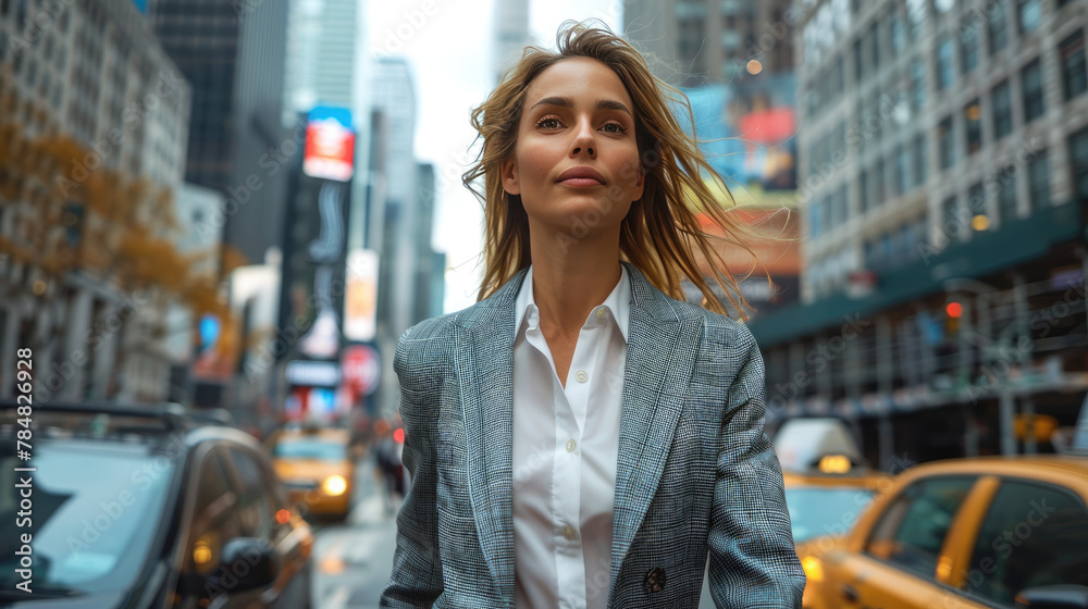 Against a backdrop of skyscrapers, a businesswoman in a power suit strides purposefully down a busy city street
Against a backdrop of skyscrapers, a businesswoman in a power suit strides purposefully down a busy city street
