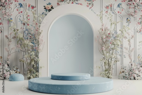Room With Wallpapered Wall and Blue Round Table