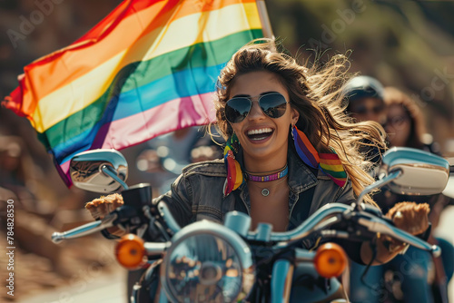 Latin woman riding a motorcycle with LGBTQ rainbow flag behind her. Generative AI.