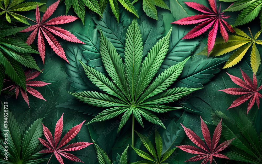 Fototapeta premium A striking illustration of multiple cannabis leaves in varying colors creating a lush pattern.