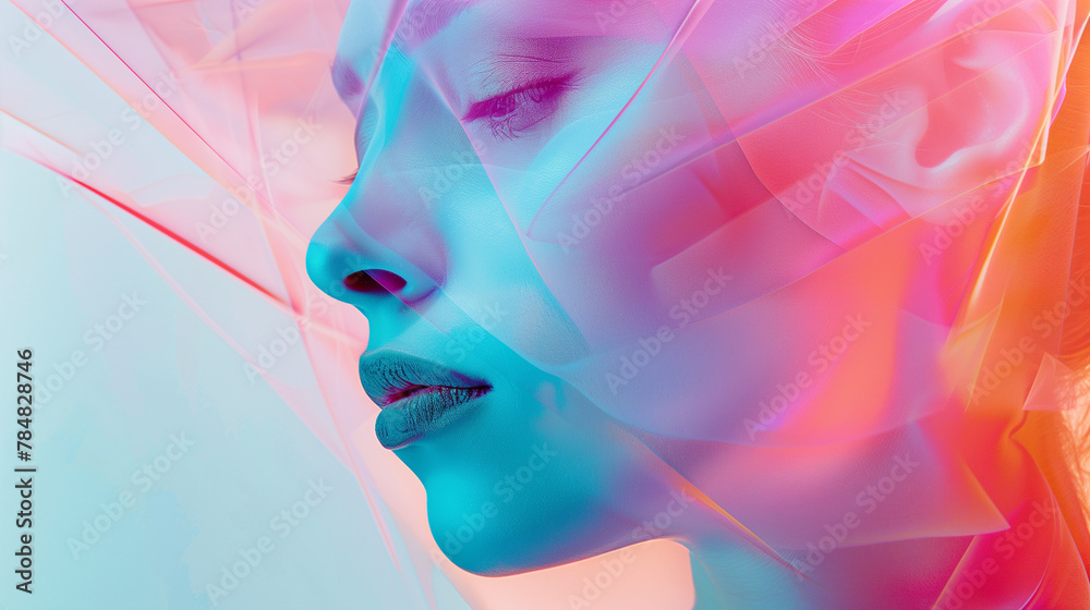 An abstract image of woman profile featuring colorful silk fabric textures overlaid by a gradient rectangle.