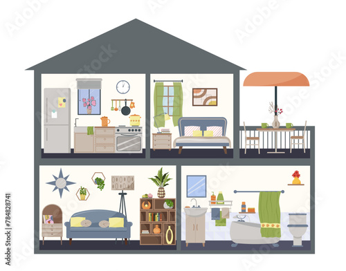 Detailed modern interior. Cottage in section. Dollhouse interior concept. Furnished rooms. Hallway and kitchen. Living room with bookcase. Bedroom with a window. Bathroom. Veranda with table and