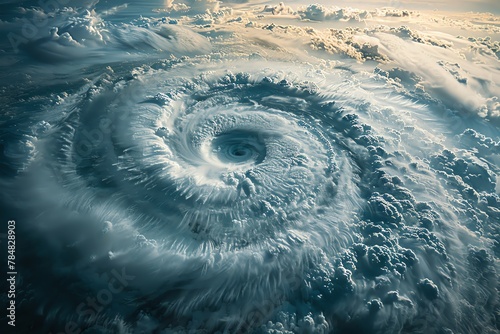 Cyclonic Fury, illustrating the immense scale and destructive force of a hurricane, with swirling clouds and surging waters overwhelming landscapes and communities photo