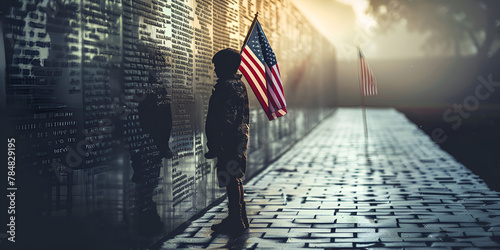Child in silhouette holding the American flag beside a memorial wall of names in the misty morning.