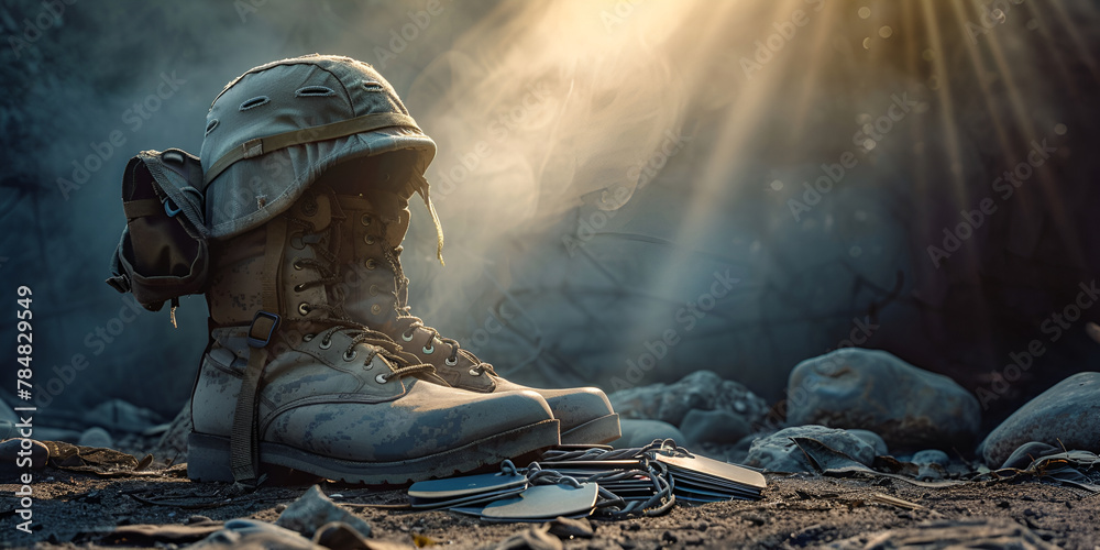 A pair of combat boots and a soldier's helmet in a somber battlefield setting at dawn. - obrazy, fototapety, plakaty 