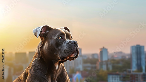 A striking American Bully, with a powerful and muscular build, standing confidently against a backdrop of urban cityscape.