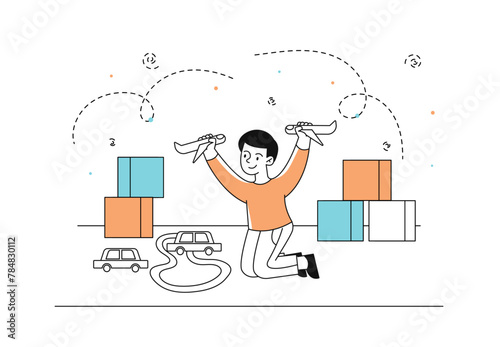 Boy play toys vector linear