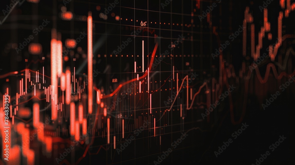 Display of quotes pricing graph visualization. Financial statistic analysis on dark background with growing financial charts. Stock analyzing. Price chart bars.