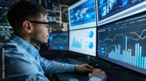 Data analyst working on business analytics dashboard with charts, metrics and KPI to analyze performance and create insight reports for operations management.