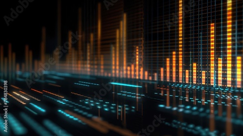 Display of quotes pricing graph visualization. Financial statistic analysis on dark background with growing financial charts. Stock analyzing. Price chart bars. © buraratn