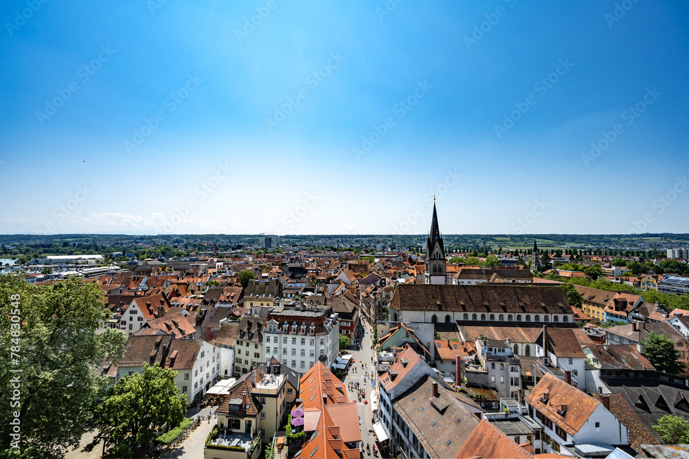 Panoramablick vom Münster Unserer Lieben Frau auf die Altstadt an einem Sommertag.  Konstanz, Bodensee, Baden-Württemberg, Deutschland, Europa.