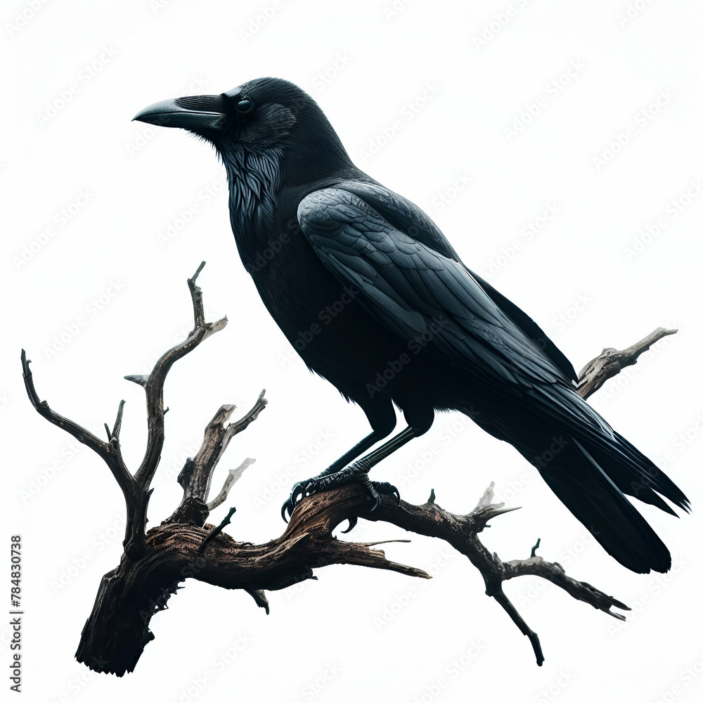 Obraz premium Crow Black Cawing Bird Corvus, Standing on a Dead Branch Trunk Against a White Background. Magnificent Plumage. Seed Dispersers. Raven.