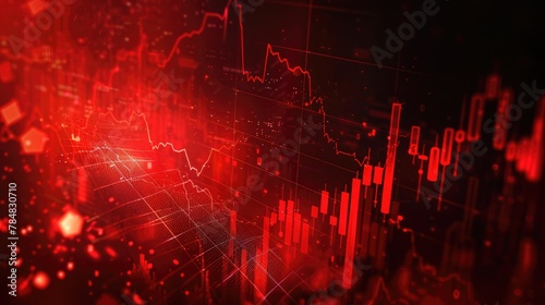 The red crashing market volatility of crypto trading with technical graph and indicator, red candlesticks going down without resistance, market fear and downtrend. Cryptocurrency background concept. photo