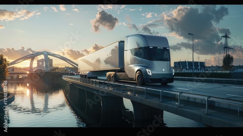 Autonomous semi-truck with a trailer, controlled by artificial intelligence, drives over a bridge over the river. Cargo delivery, transportation of the future. Artificial intelligence. Self driving.