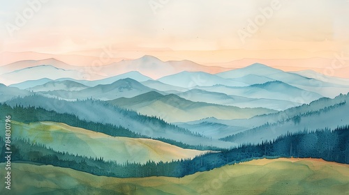 Craft a serene landscape of rolling hills and distant mountains under a pastel-colored sky  using watercolor to evoke a sense of calm and wonder