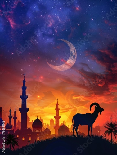 eid al adha mubarak bakrid festival with goat and mosque and copy space - generative ai photo