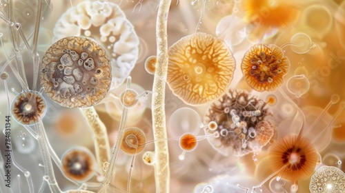 A montage of fungal spores in various stages of development ranging from small spherical forms to more complex multicelled structures.