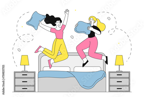 Women with pillow fight vector linear