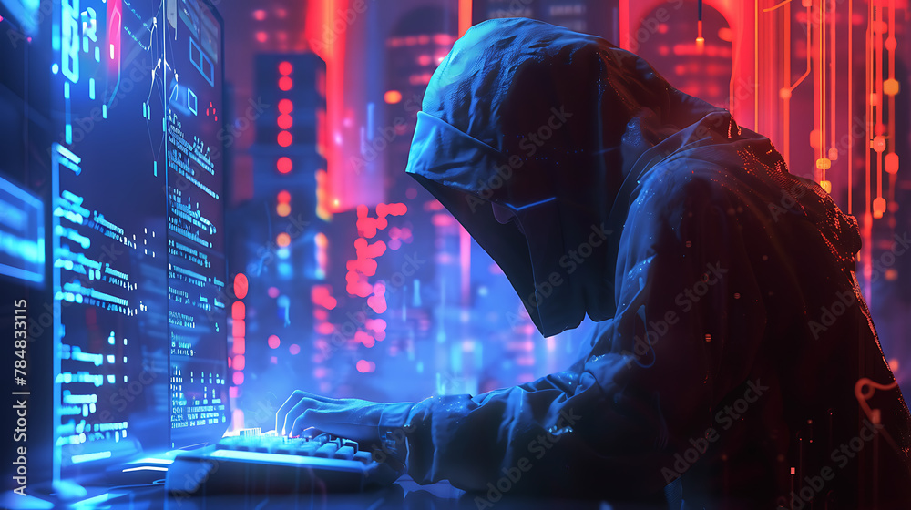A mysterious image depicting a hacker immersed in the digital realm, surrounded by screens displaying lines of code, data streams A mysterious image depicting a hacker immersed in the digital realm, surrounded by screens displaying lines of code, data streams