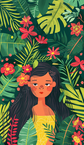 illustration of jungle girl , colorful gardens, illustrative storytelling illustration in the style of visual puns, folk