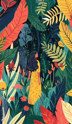 illustration of jungle girl , colorful gardens, illustrative storytelling illustration in the style of visual puns, folk