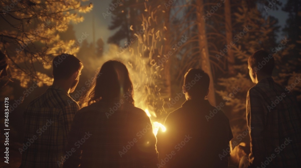 A group of friends gather around a crackling bonfire backs to the camera as they face the dark towering trees that surround . .