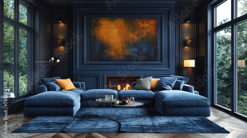 Art Deco interior design of modern living room, home with fireplace and dark blue wall. © zakir