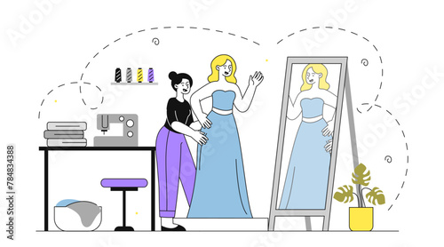 Woman trying on wedding dress vector linear