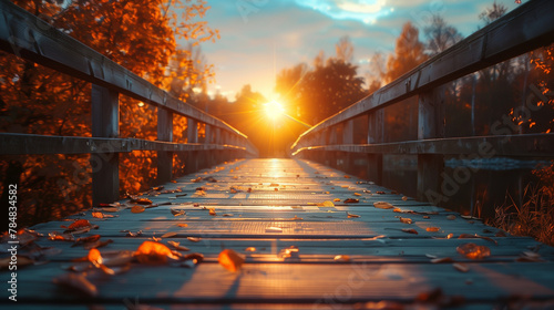 A wooden bridge with leaves on it and a sun shining on it
