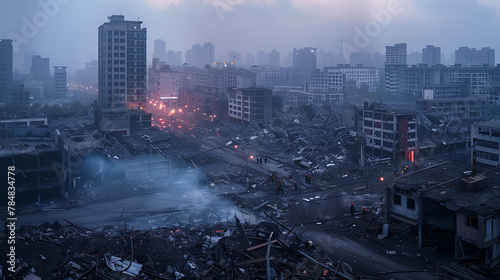 A harrowing image capturing the aftermath of destruction, with buildings reduced to rubble and debris strewn across the landscape.