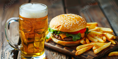  a glass of beer and French fries with cheeseburger on wooden table, generative AI